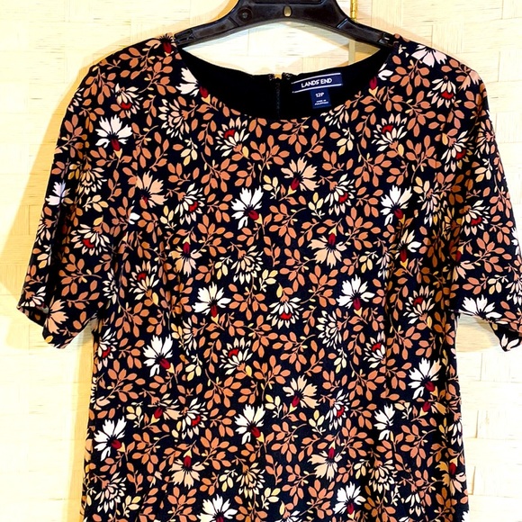 LANDS’ END Size 12P Stretchy Sheath Dress BROWN BLACK CREAM FLORAL EUC - Picture 5 of 13